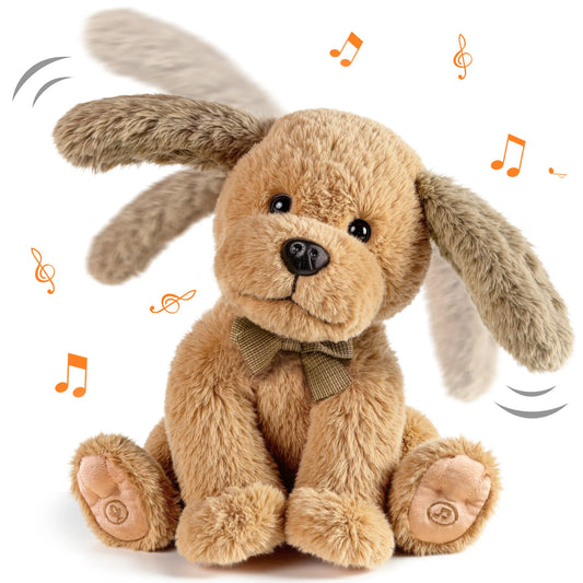 Smiling toddler holding the Interactive Singing and Talking Plush Toy, a soft plush dog with moving ears that engages children with songs and interactive talking features.