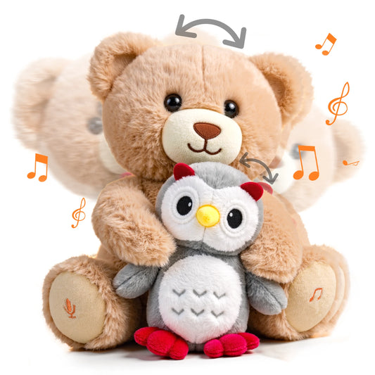Adorable stuffed teddy bear holding a plush owl, featuring voice recording and musical note icons indicating nursery rhyme playback. The bear’s head and owl move rhythmically to music.