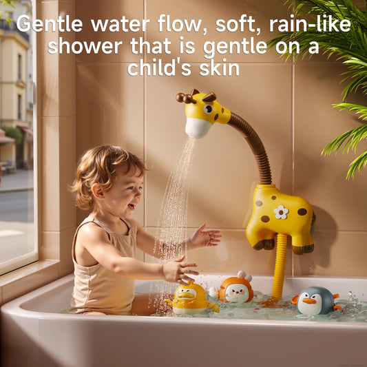 Toddler bath toy set with giraffe shower head and cute floating animal toys – soft rain-like water flow, gentle and safe for baby’s skin.