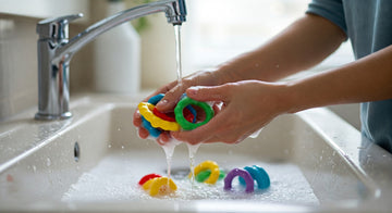 A close-up image of a parent washing colorful baby teething toys with warm soapy water in a sink, emphasizing the importance of cleaning toys that babies put in their mouths.