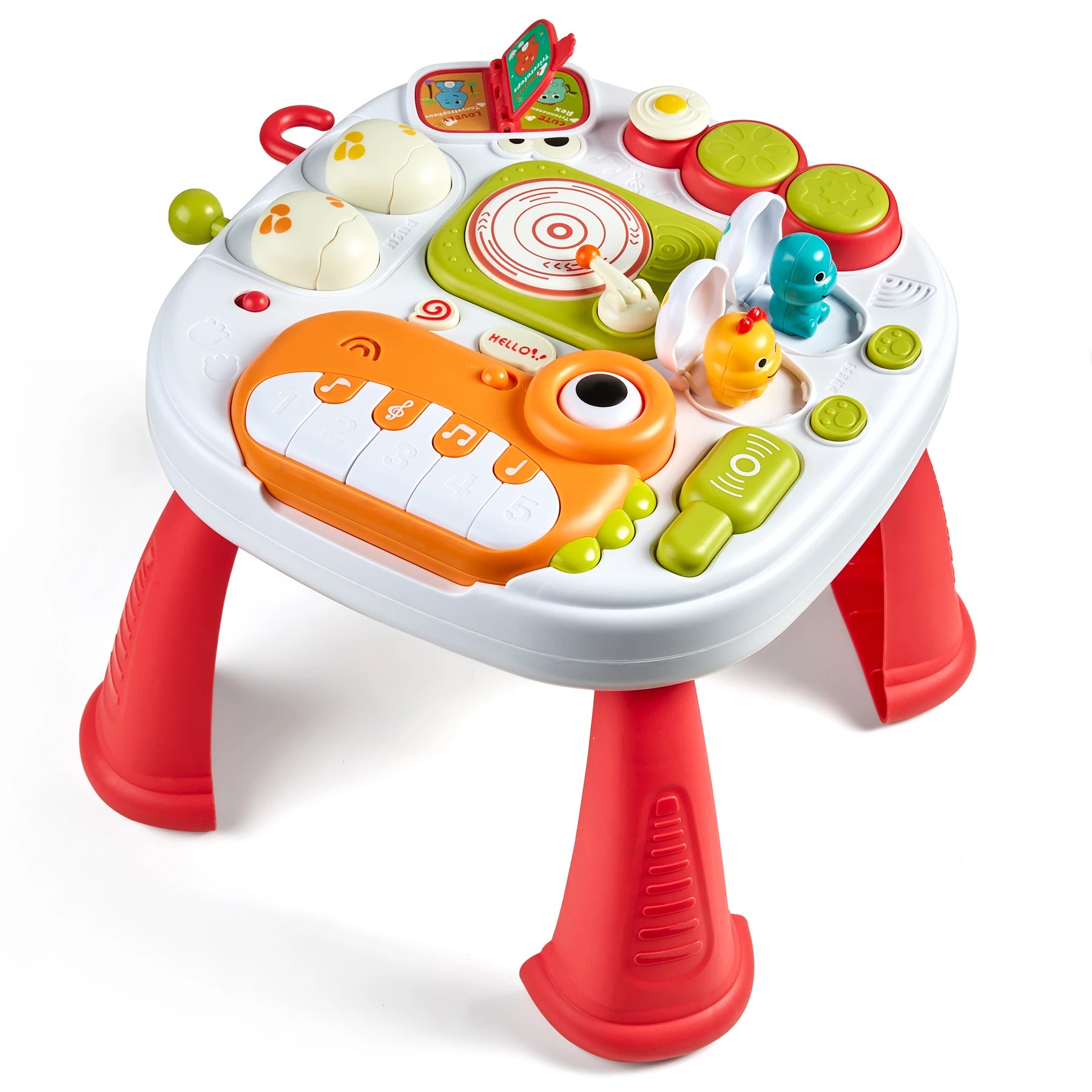 7-in-1 dinosaur-themed baby activity table with bright colors, featuring interactive toys such as a mini piano, dinosaur eggs, flip-up book, sound and light buttons, spinning disc, and drum pads on the tabletop. The table has removable red legs and older to encourage hand-eye coordination, and creativity.
