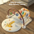 Baby play gym for early education and sensory training featuring a giraffe-themed cushion, colorful hanging toys, and musical buttons, placed in a cozy living room setting with natural sunlight.