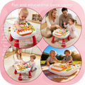 Baby learning activity table shown in four play scenes — solo exploration, parent-child play, sibling interaction, and outdoor fun; educational toy promoting creativity, sharing, and sensory development.