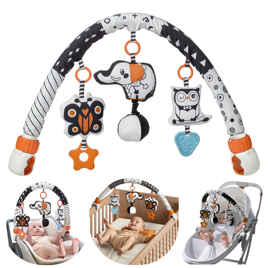 Black and white toy animal arch for versatile use in bassinet, car seat, crib