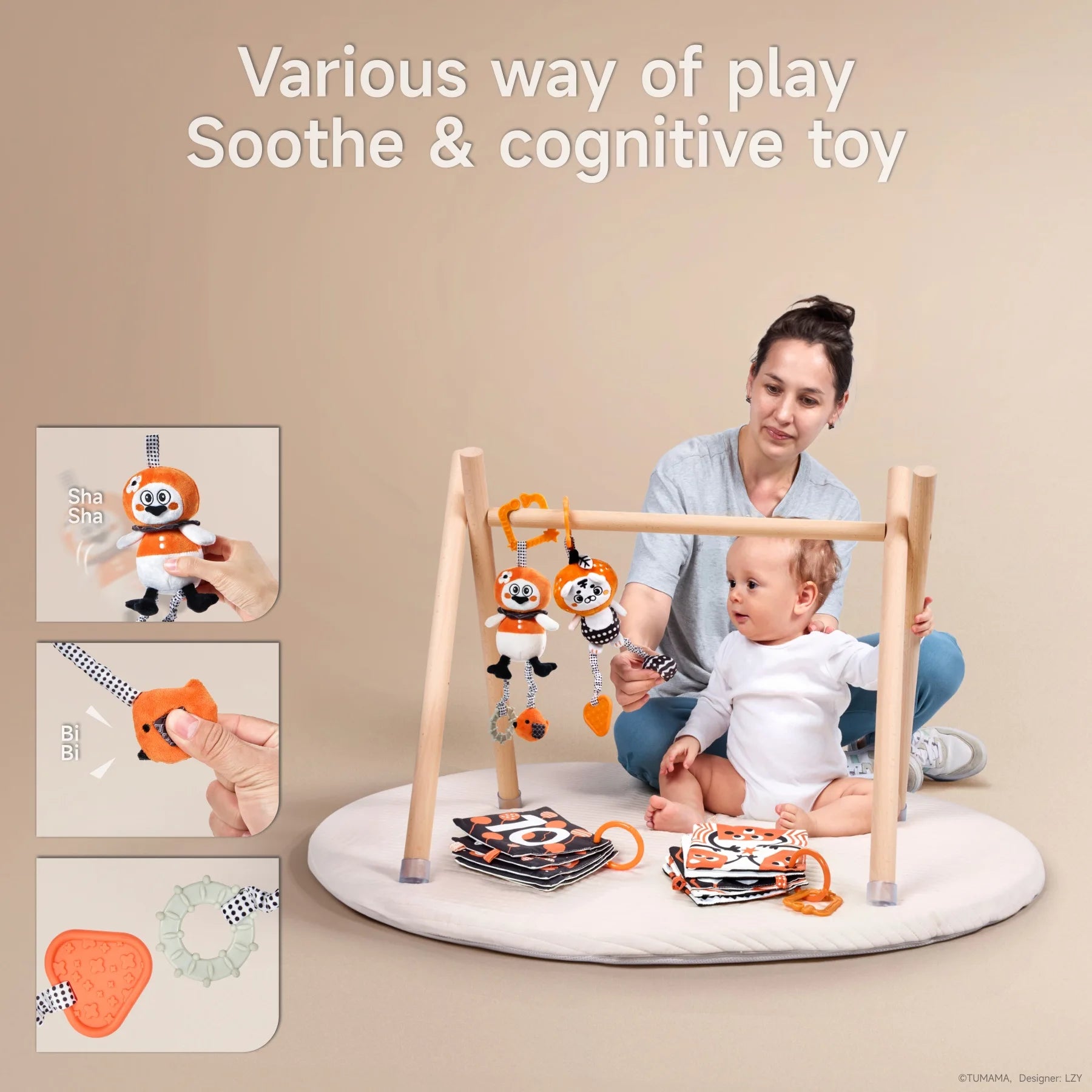 Mother and baby playing with black, white, and orange hanging plush toys under a wooden play gym. The baby explores soft toys featuring crinkly sounds, squeakers, and textured teethers. Soft cloth books are placed on the play mat. Text overlay reads: “Various way of play – Soothe & cognitive toy,” with close-up insets showing interactive toy features.