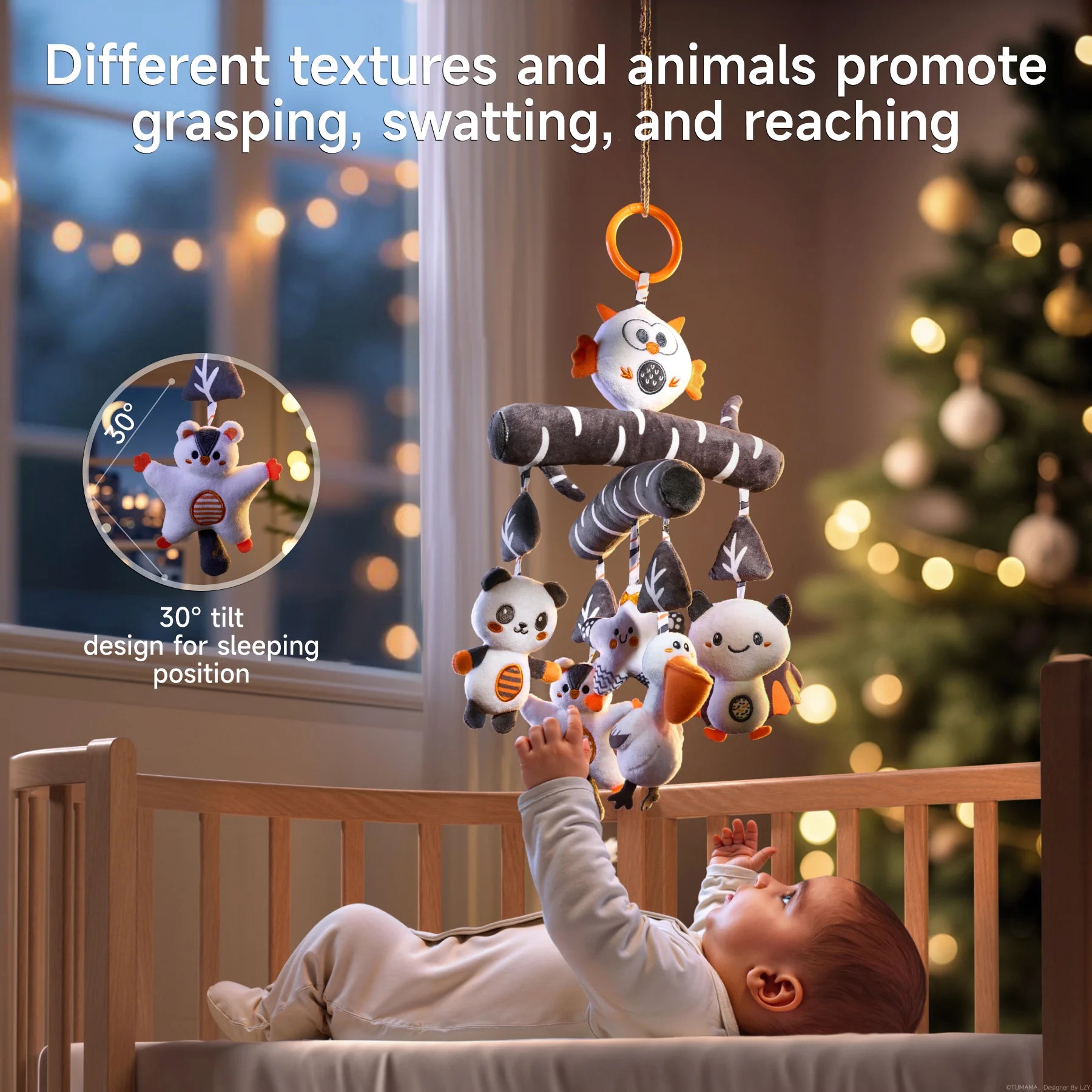 Baby lying in crib reaching for a hanging mobile with plush animal toys including panda, cat, and bird; mobile features a 30° tilt design for sleeping position, promoting grasping, swatting, and reaching.