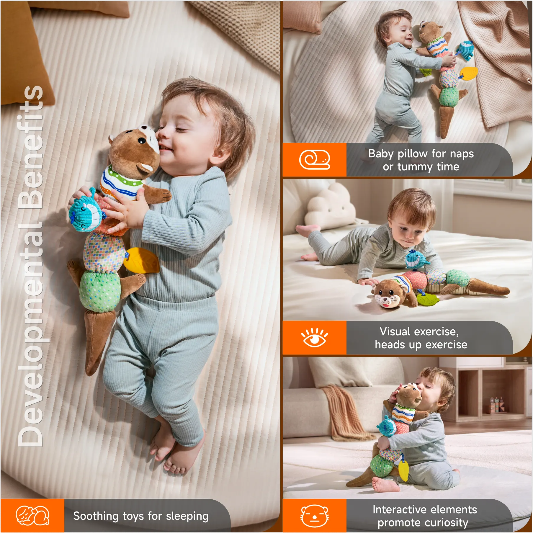 A promotional image featuring multiple uses of a multifunctional otter sensory toy for baby development. The layout includes a large main image on the left showing a baby in light blue ribbed clothing cuddling the plush otter toy while lying on a cream textured surface.
