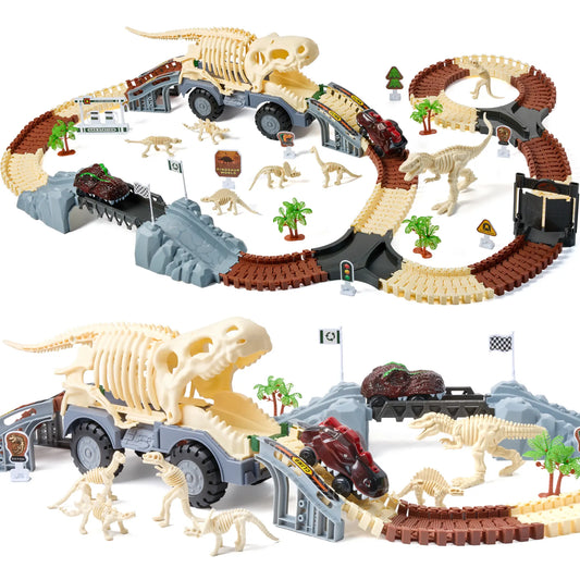 Dinosaur-themed race track set featuring a large T-Rex fossil truck centerpiece, flexible brown and beige tracks, battery-operated dino cars, various dinosaur fossil figures, track accessories, and ramps for imaginative play.