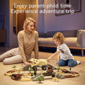 Mother and child playing together with a fossil dinosaur race track toy set, featuring a large dinosaur skeleton transport truck, flexible tracks, realistic mini dinosaur figures, and adventure-themed accessories, in a cozy living room setting.