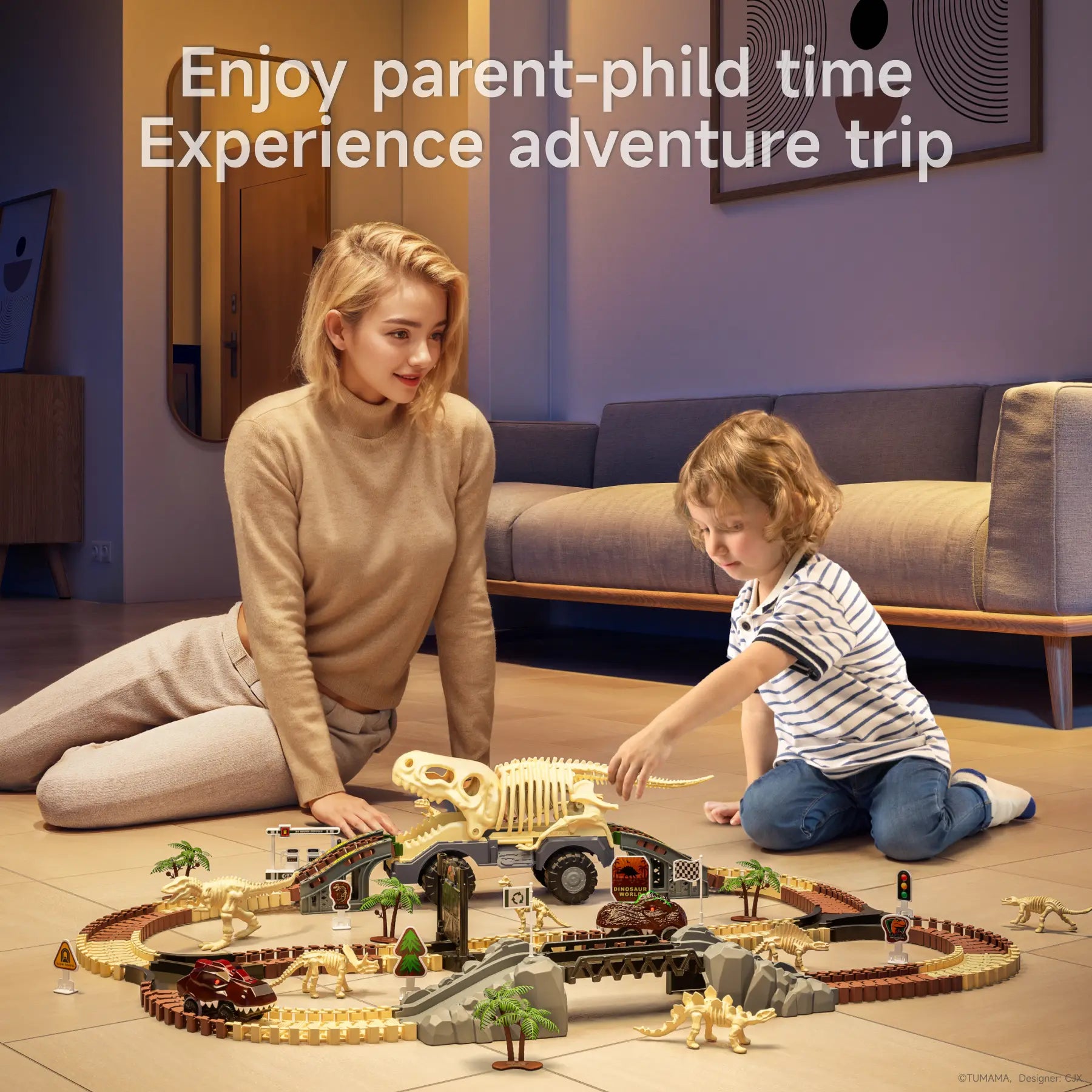 Mother and child playing together with a fossil dinosaur race track toy set, featuring a large dinosaur skeleton transport truck, flexible tracks, realistic mini dinosaur figures, and adventure-themed accessories, in a cozy living room setting.