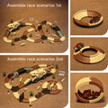 Two assembly options for a fossil dinosaur race track toy set featuring a large dinosaur skeleton truck, flexible interlocking track pieces, miniature dinosaur figures, bridges, gates, and accessories. Additional views show loop track formations with battery-powered dinosaur cars.