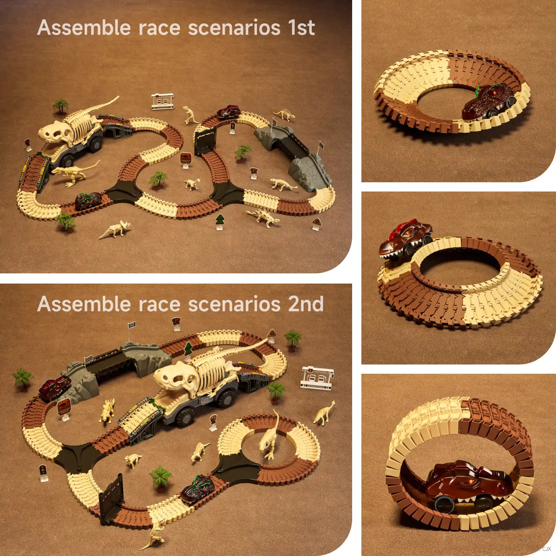 Two assembly options for a fossil dinosaur race track toy set featuring a large dinosaur skeleton truck, flexible interlocking track pieces, miniature dinosaur figures, bridges, gates, and accessories. Additional views show loop track formations with battery-powered dinosaur cars.