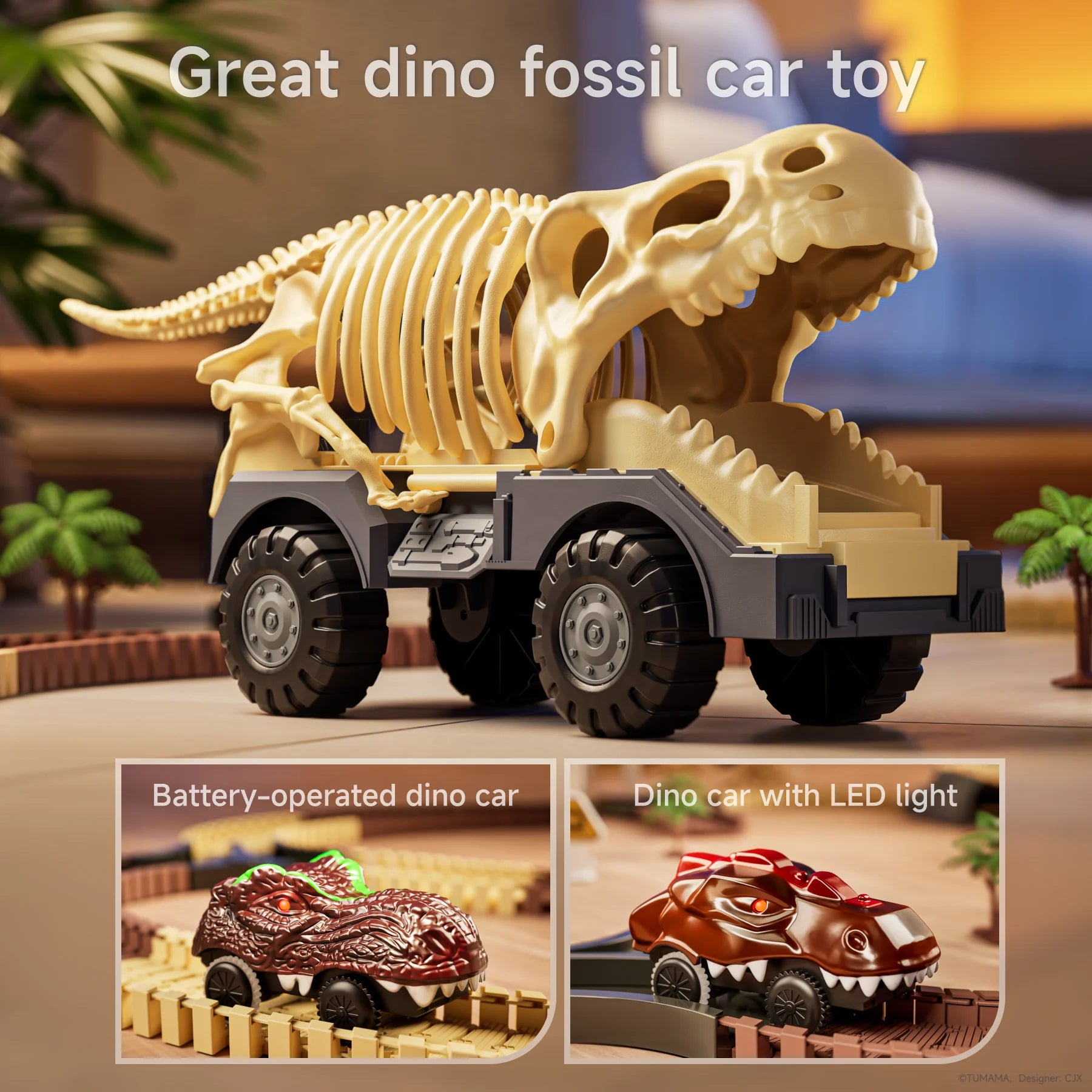 Close-up of a dinosaur fossil truck toy with a large skeletal dinosaur structure mounted on a wheeled base, accompanied by two battery-operated dino cars—one with LED light and the other textured like a dinosaur head—set in a decorative race track environment with palm trees.