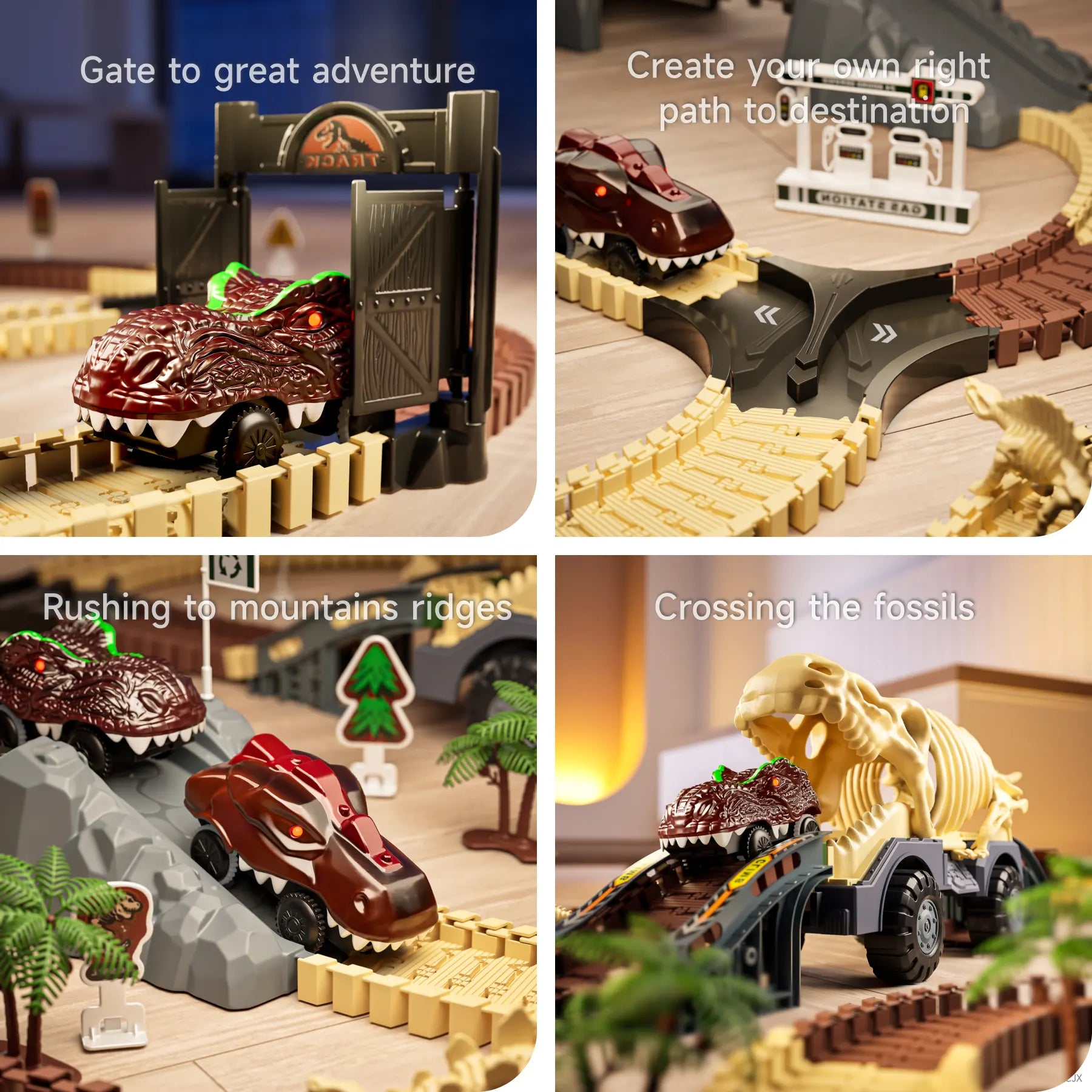 Collage of four scenes featuring dino-themed toy cars on a flexible track set: entering through a Jurassic-style gate, choosing track paths near a gas station sign, climbing rocky ridges with palm trees, and ascending a ramp into a giant dinosaur fossil truck.