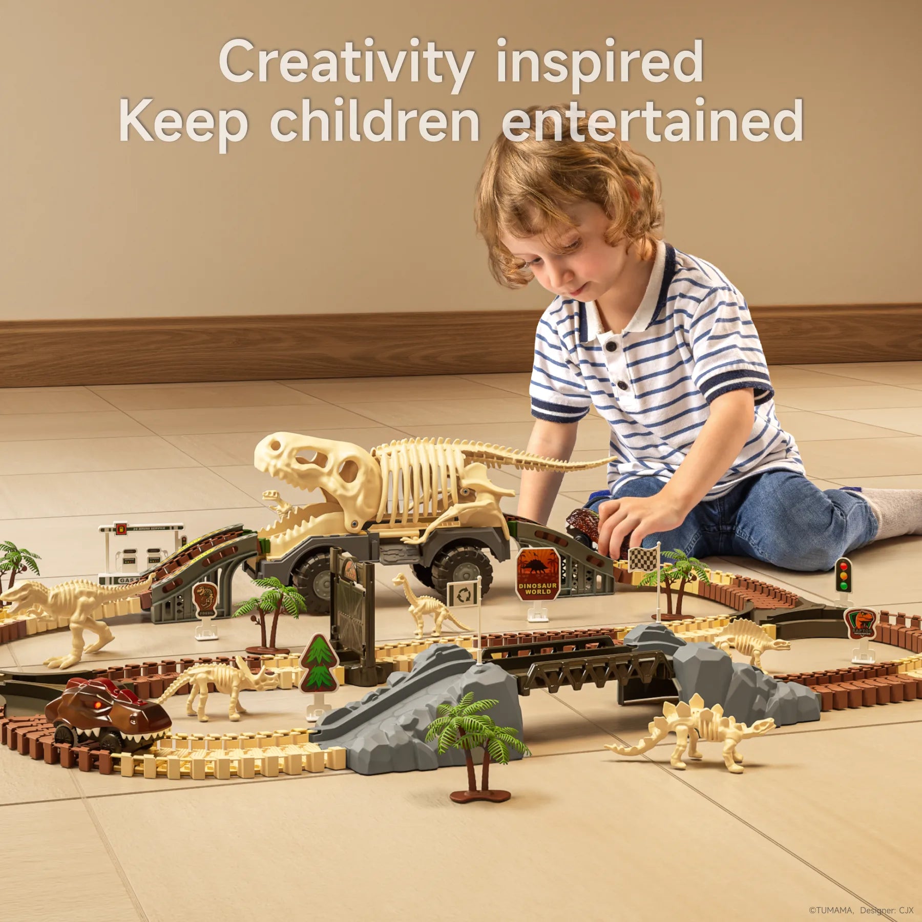 Young boy playing on the floor with a dinosaur fossil race track toy set, featuring a large dinosaur skeleton transport truck, racing tracks, bridges, and miniature fossil dinosaurs, promoting creativity and entertainment.