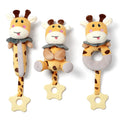 Three plush giraffe baby rattles with soft textures and cheerful faces are displayed side by side. Each giraffe toy has a different design: one is long and cylindrical, one has a round body with arms and legs, and one has a ring-shaped body. All feature beige star-shaped teething rings attached at the bottom, making them suitable for grasping, chewing, and play.