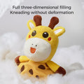A close-up of a plush giraffe baby security blanket surrounded by soft filling, with the text above saying, 