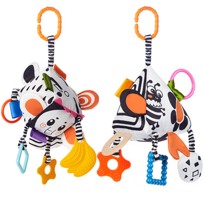 Two high-contrast black and white soft sensory cubes with animal prints, hanging loops, rattle, and multiple attached accessories. Each cube features colorful textured teethers, crinkle tags, rattles, and grasping rings in bright orange, yellow, blue, and green. Designed for baby visual stimulation, teething, and sensory play.