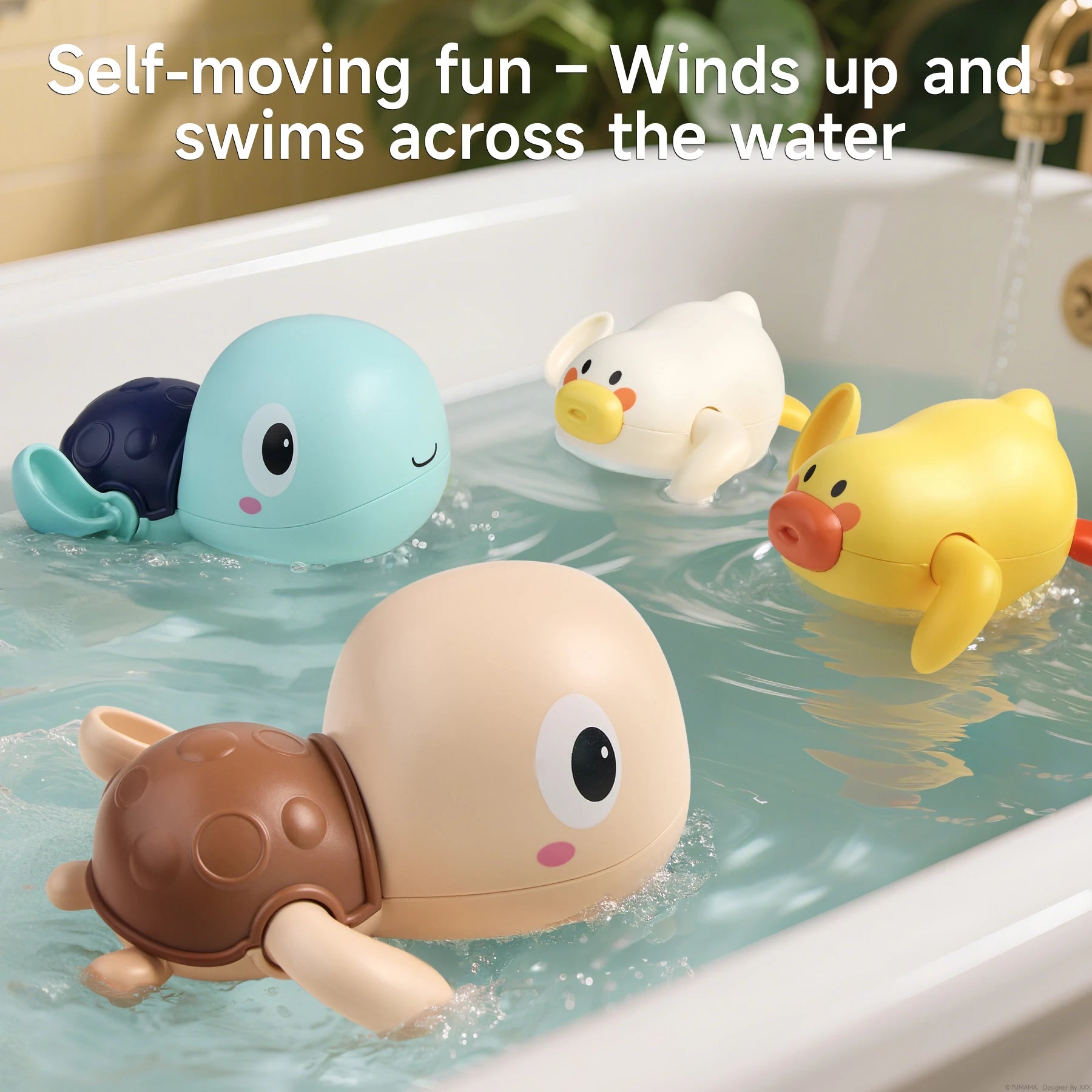 Close-up of colorful wind-up animal bath toys, including turtles and ducks, swimming across the bathtub water, showcasing their self-moving feature for interactive bath time play.