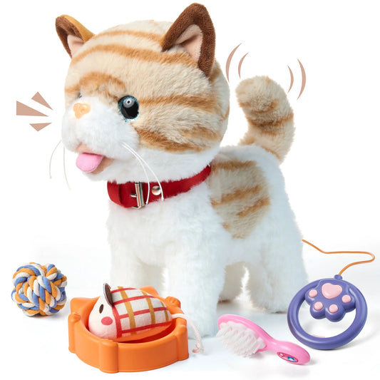 Interactive plush walking kitty toy cat with orange stripes and red collar, shown with accessories including a toy mouse in a food bowl, a rope ball, a grooming brush, and a remote control with paw print design.