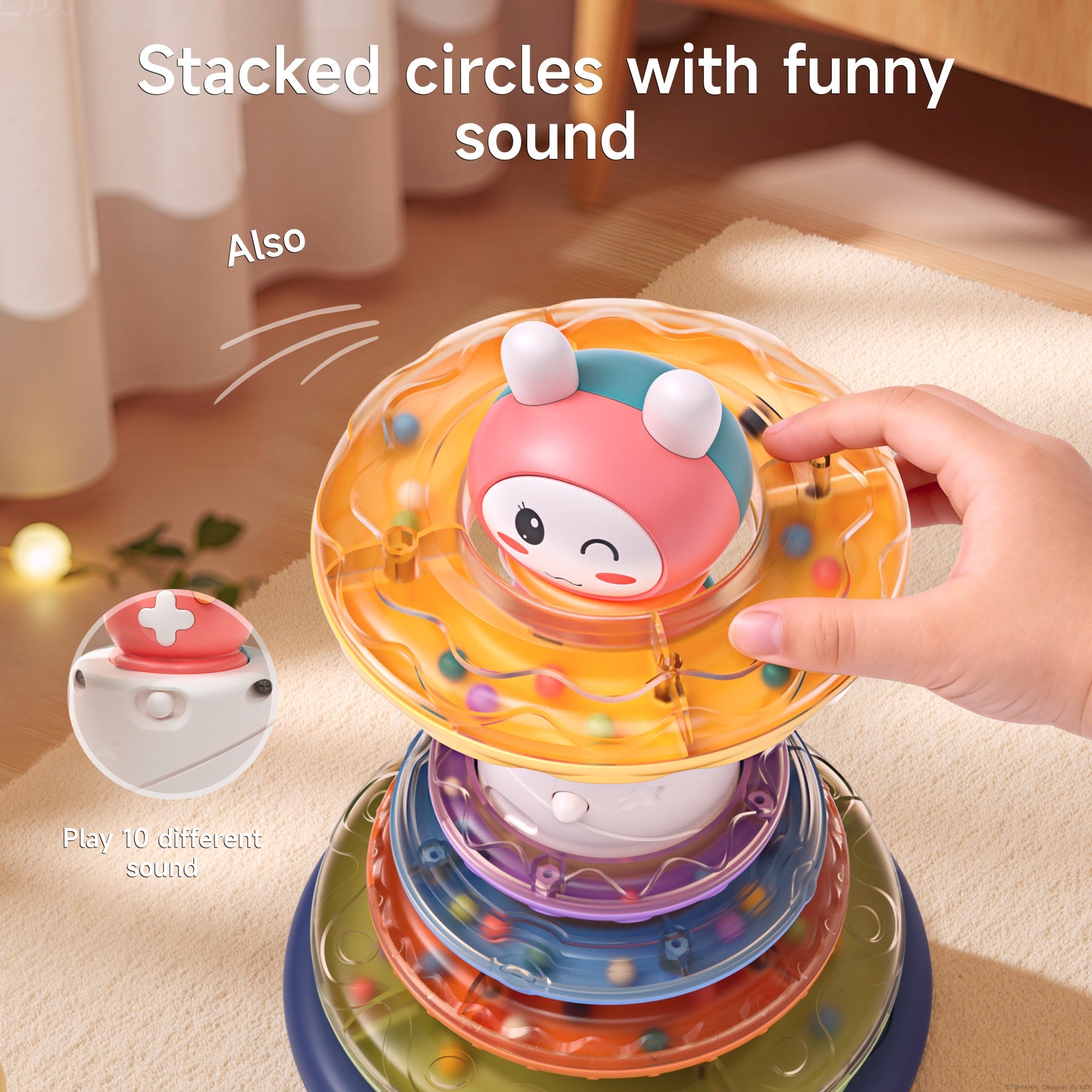 Musical stacking rings toy with lights and funny sounds, colorful transparent rings for babies and toddlers