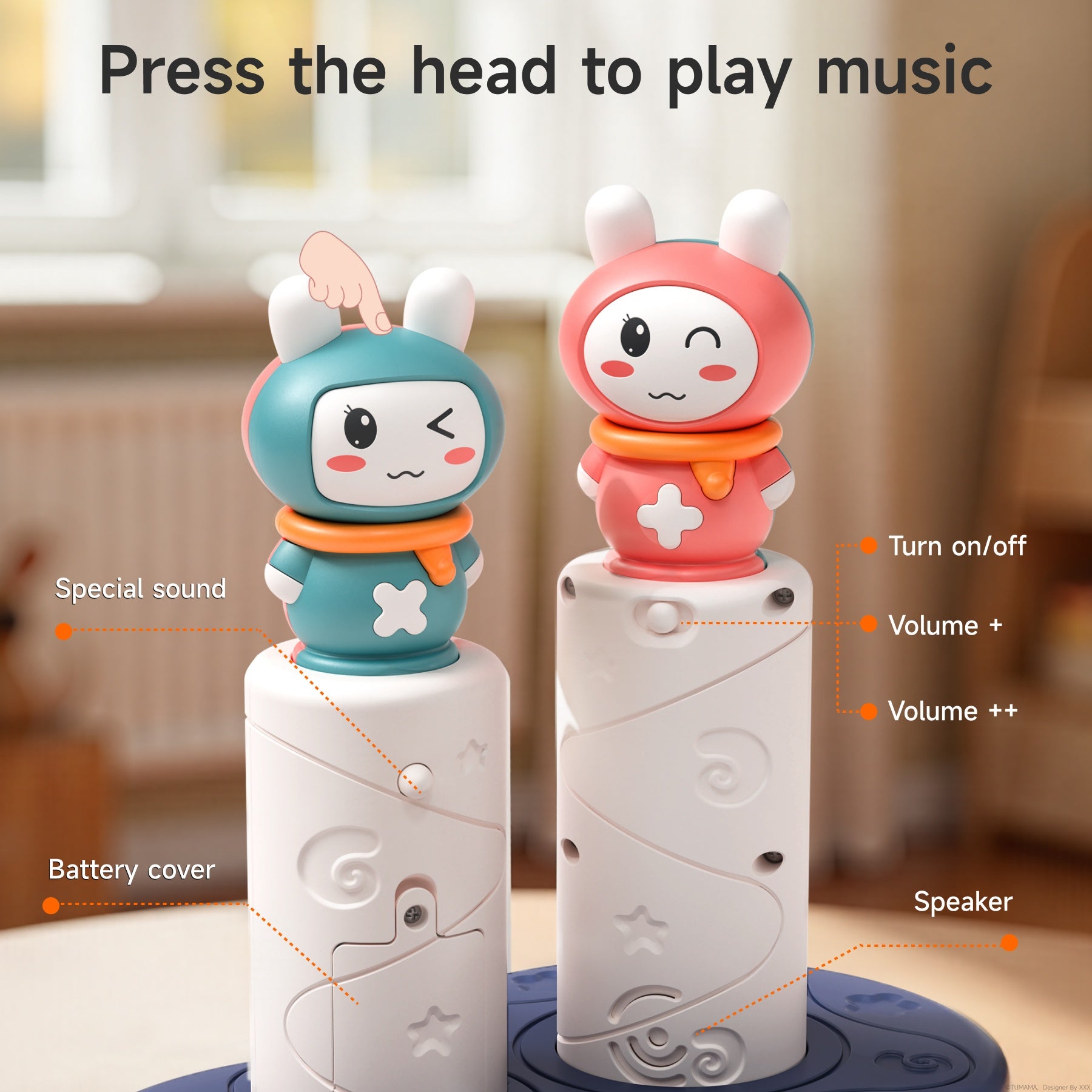 Press the head to play music on a musical stacking rings toy with lights, showing speaker and volume controls