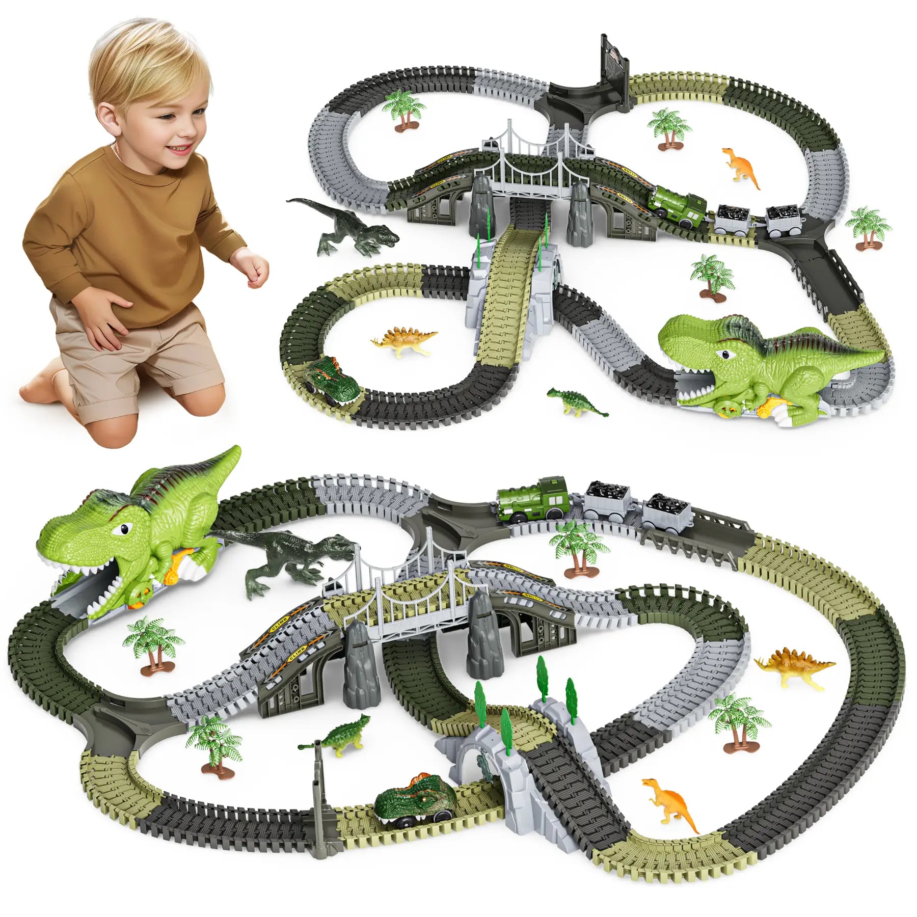 Piste de course de jouets de dinosaures, 281 pièces de jouets de train de dinosaures, voies de train flexibles avec figurines de dinosaures, voitures électriques, ensemble de jeu pour les tout-petits de 3 ans et plus