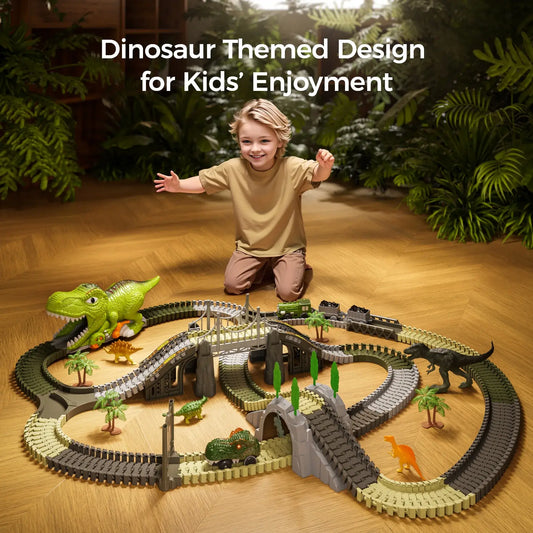 Piste de course de jouets de dinosaures, 281 pièces de jouets de train de dinosaures, voies de train flexibles avec figurines de dinosaures, voitures électriques, ensemble de jeu pour les tout-petits de 3 ans et plus