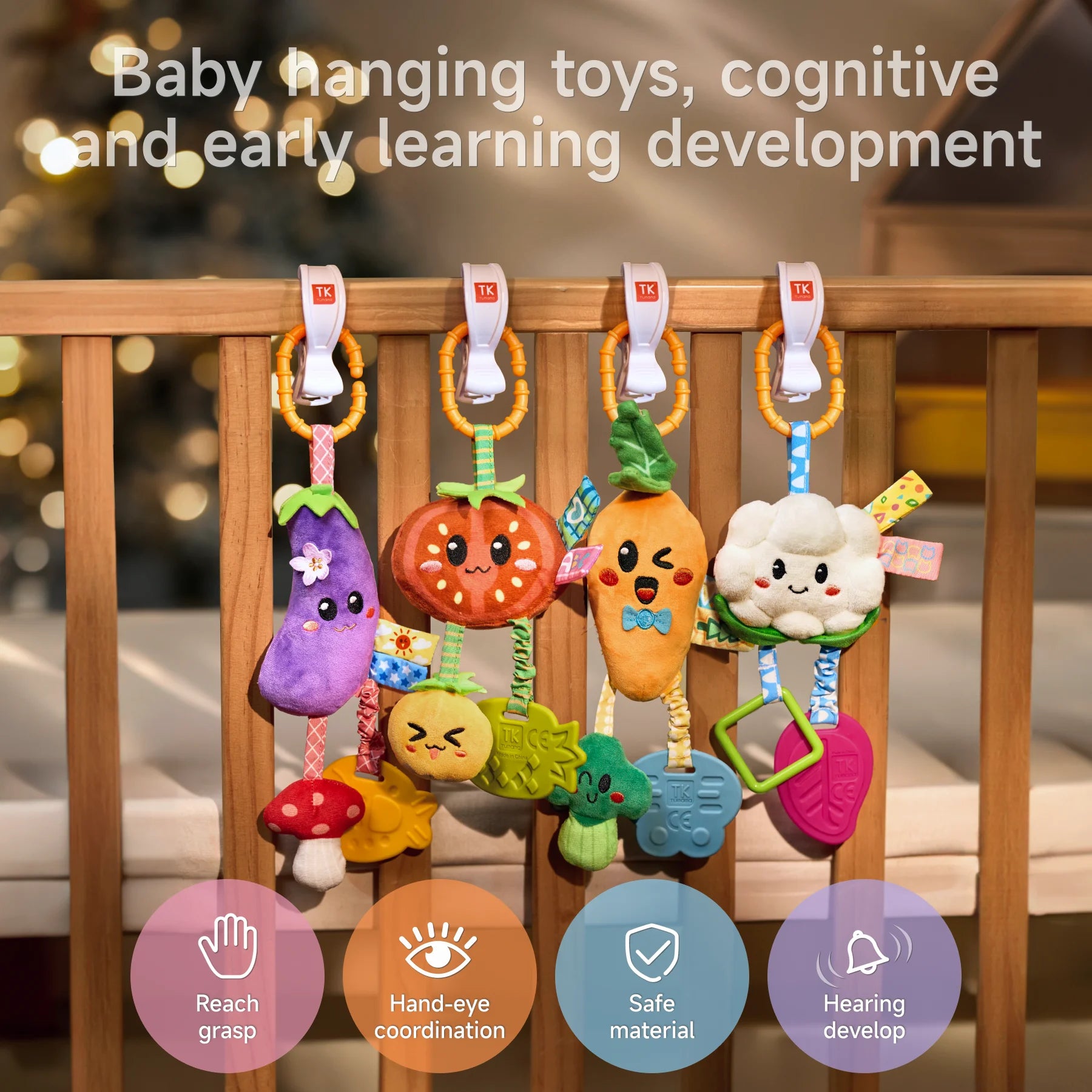 A set of four colorful baby hanging toys featuring eggplant, tomato, carrot, and cauliflower characters, clipped onto a crib. Each toy includes teethers, crinkle textures, and rattles for sensory and cognitive development. Icons highlight benefits like safe materials, hand-eye coordination, and hearing development.