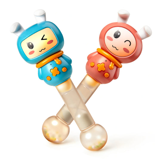 Two light‑up baby rattles with cartoon character heads—one blue, one pink—with translucent handles filled with colorful beads