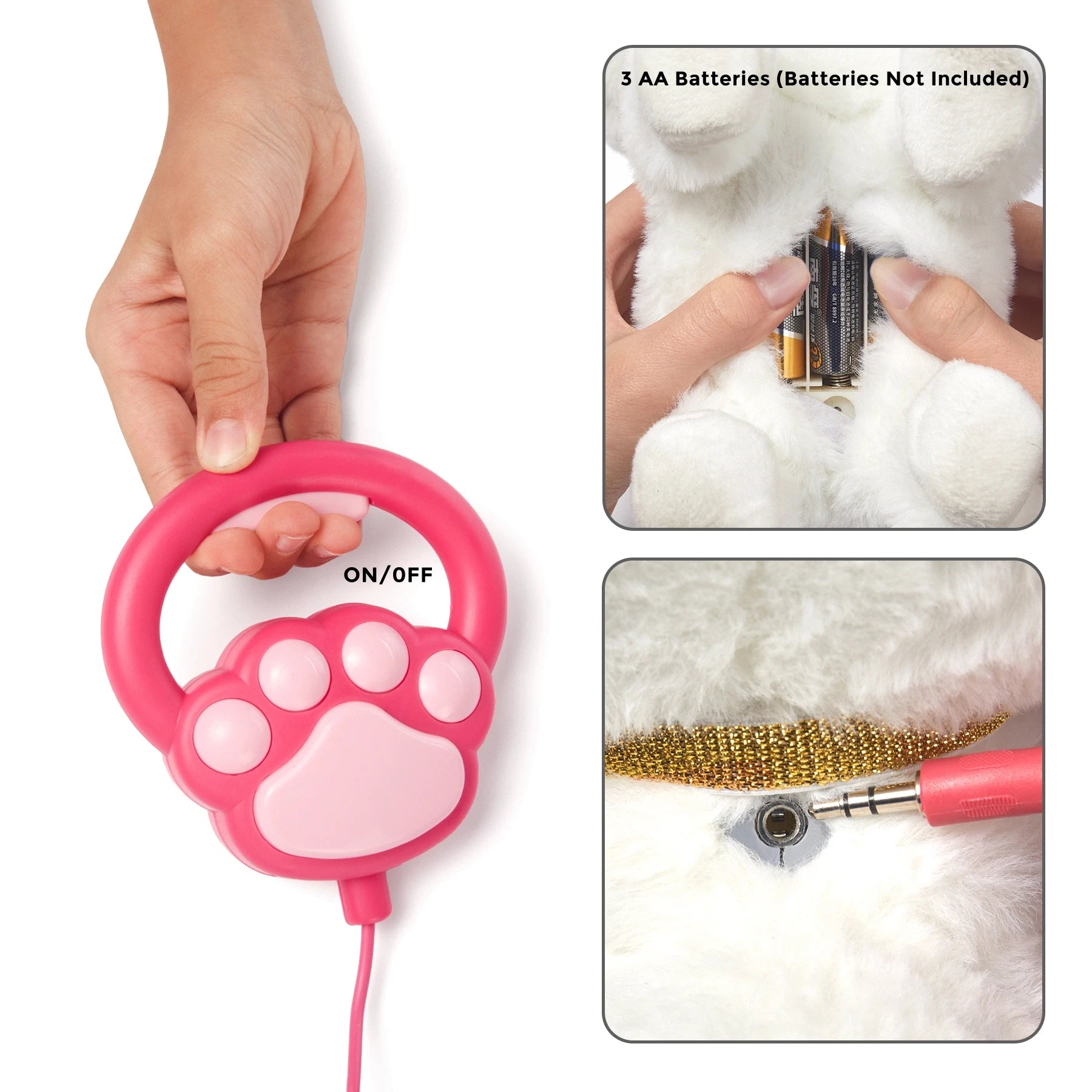 Close-up of a pink paw-shaped remote control for a toy dog with ON/OFF button, and two insets showing battery installation using 3 AA batteries and a headphone jack-style connection for the leash.