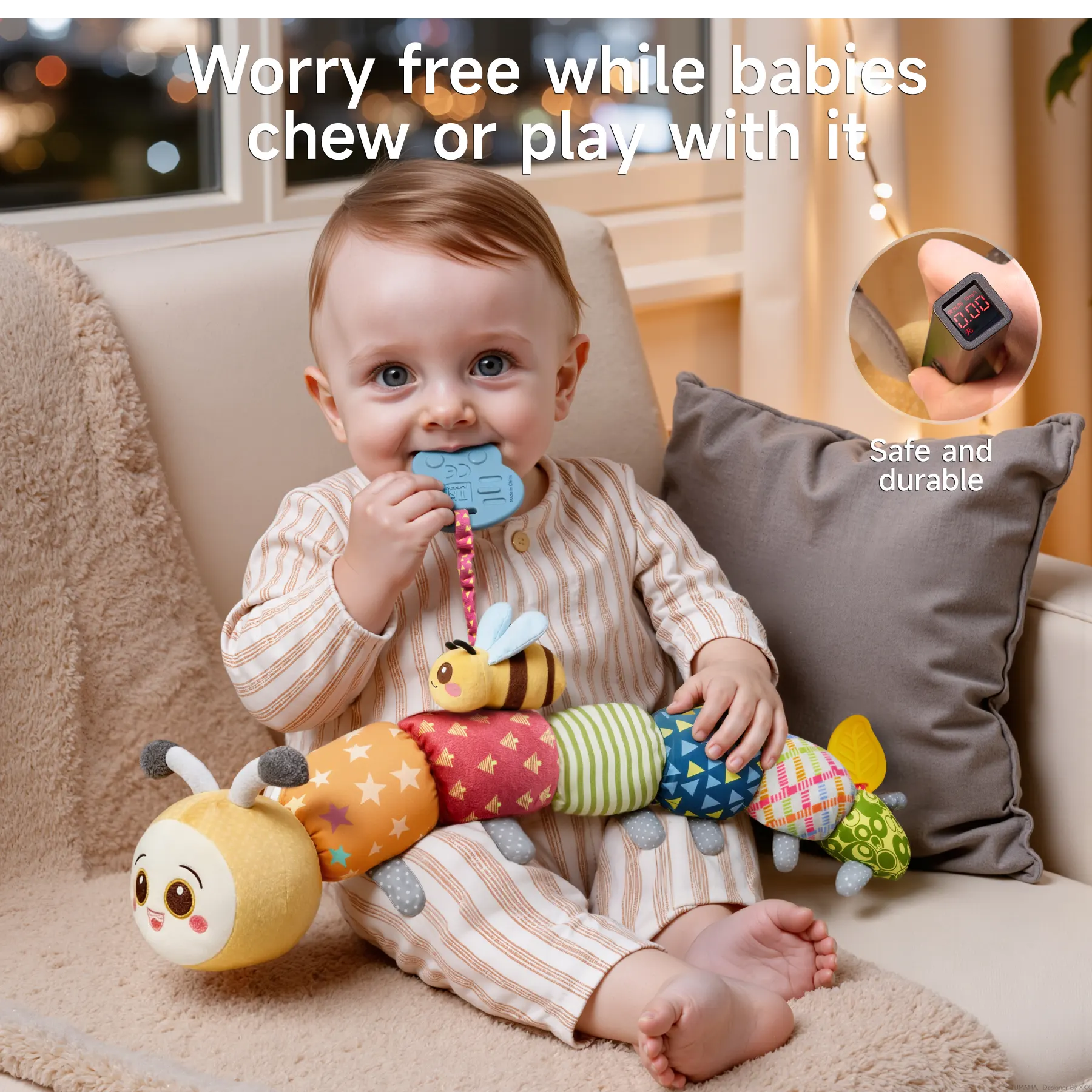 Baby sitting on a sofa chewing on a blue teether attached to a colorful plush caterpillar toy; text overlay highlights the toy's safety and durability for worry-free chewing and play.