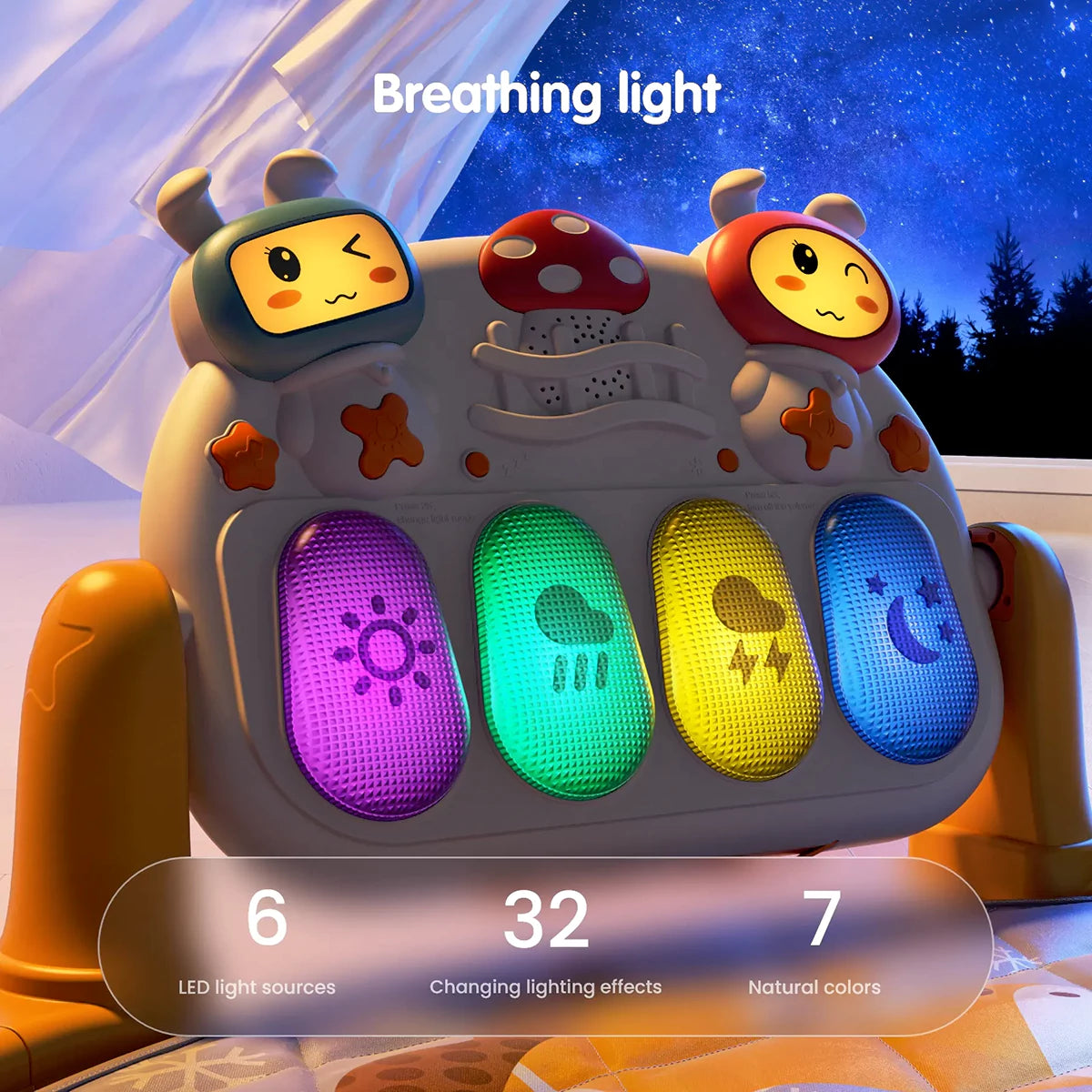 A close-up of the baby play gym’s control panel glowing at night. Four large illuminated keys display icons (sun, rain, lightning, moon) in purple, green, yellow, and blue colors. Above are two cartoon bunny heads and a mushroom-shaped speaker. Text overlay reads: “Breathing light – 6 LED light sources, 32 changing lighting effects, 7 natural colors.” A starry night sky is visible in the background.
