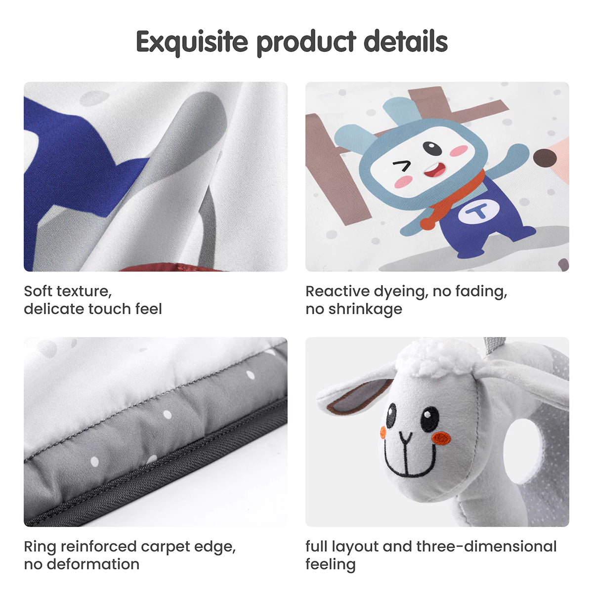 Close-up details of colorful baby play gym mat — soft cotton fabric with delicate texture, reactive dyeing with no fading or shrinkage, reinforced carpet edge to prevent deformation, and plush sheep toy with three-dimensional design.