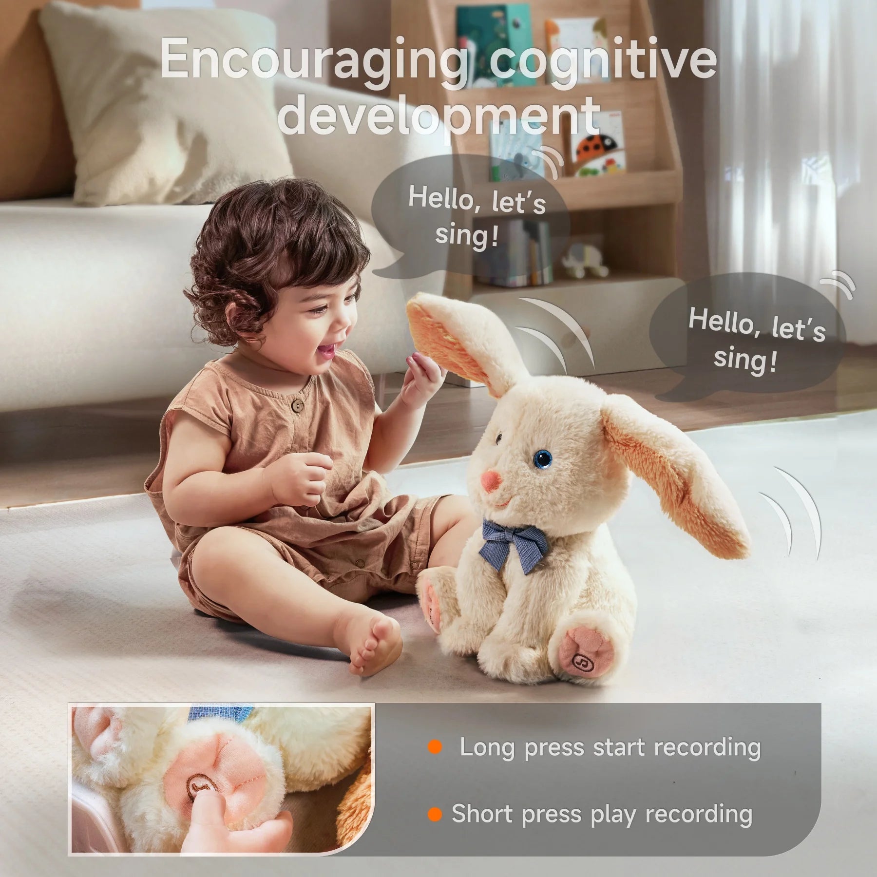 The electric rabbit toy is talking to the child