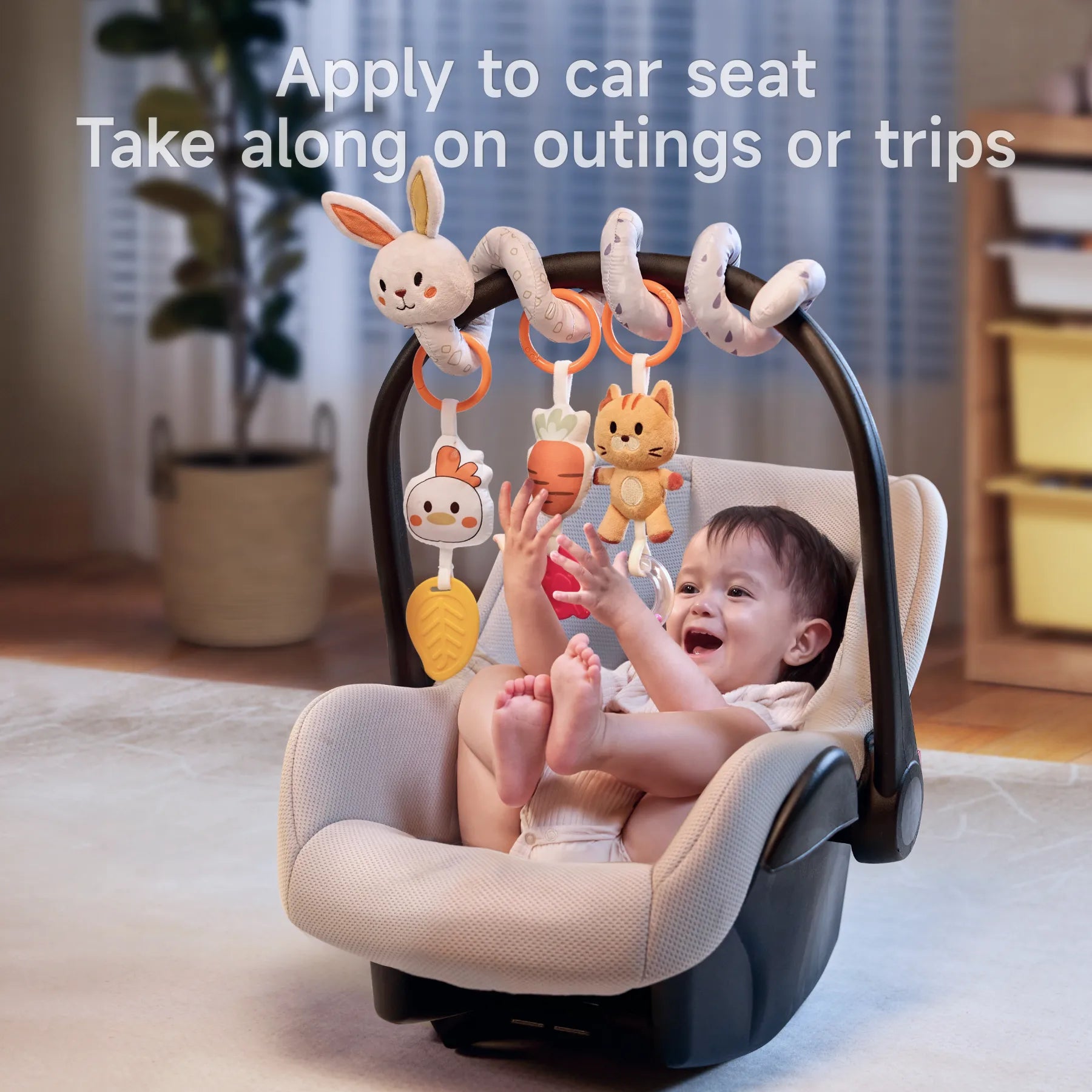 Bunny Spiral Car Seat Toy​ with Hanging Rattles Toys is installed in the car seat for use