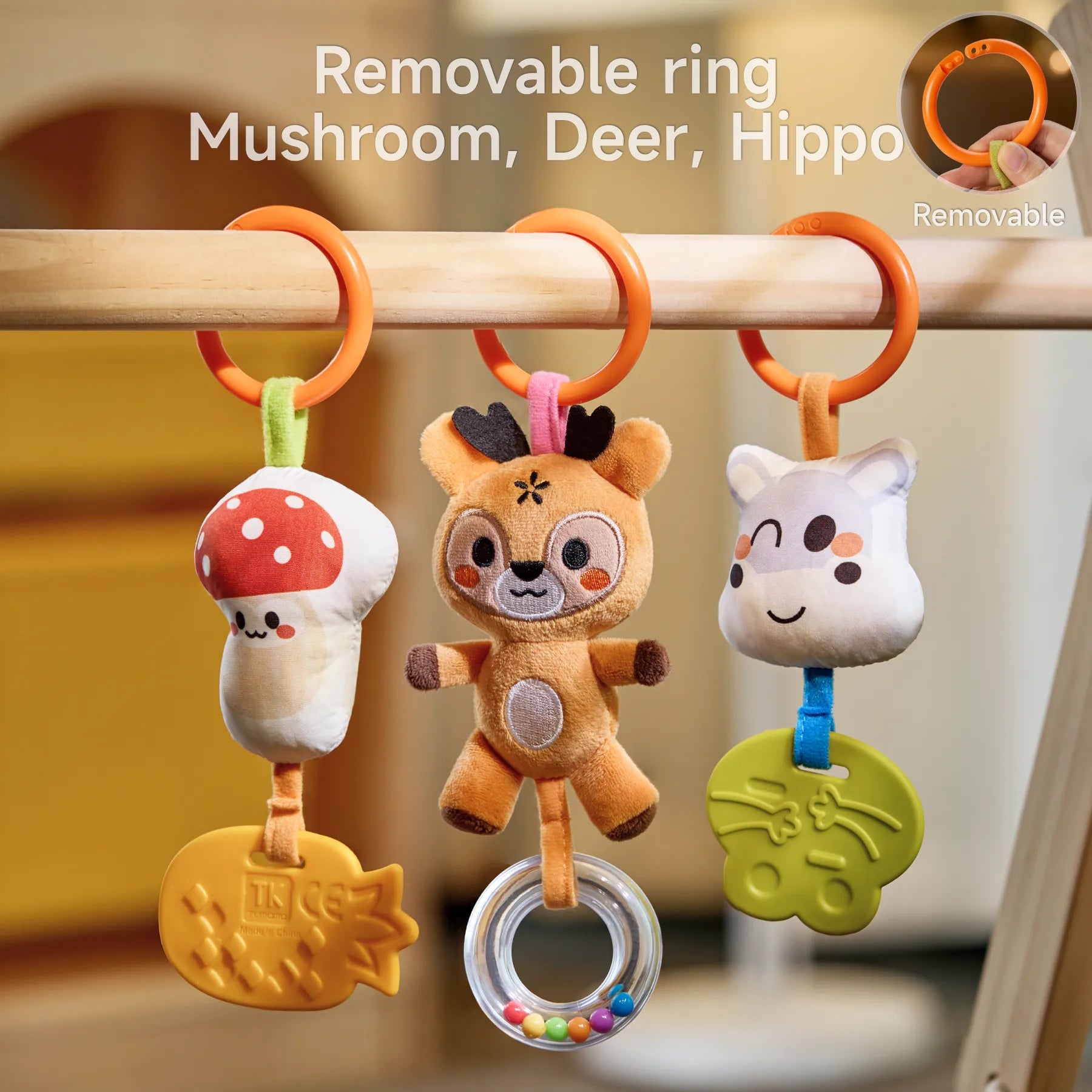 Close-up of hanging toys on Bear Spiral Activity Toy
