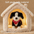 A realistic voice-controlled toy dog wearing a red bandana sitting inside a soft plush dog house, highlighting its child-safe and durable material.