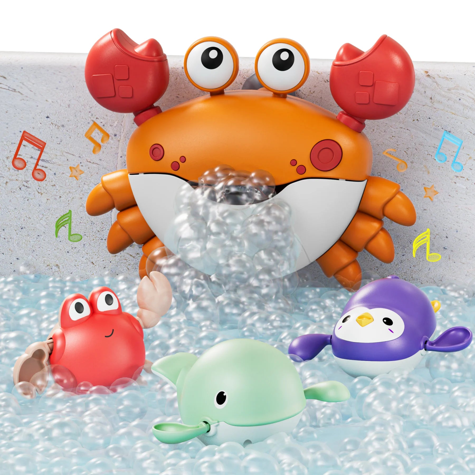 Machine à bulles de bain en forme de crabe, jouet de bain avec 3 jouets de natation à remonter, machine à bulles automatique pour baignoire, pour enfants en bas âge de 18 mois et plus
