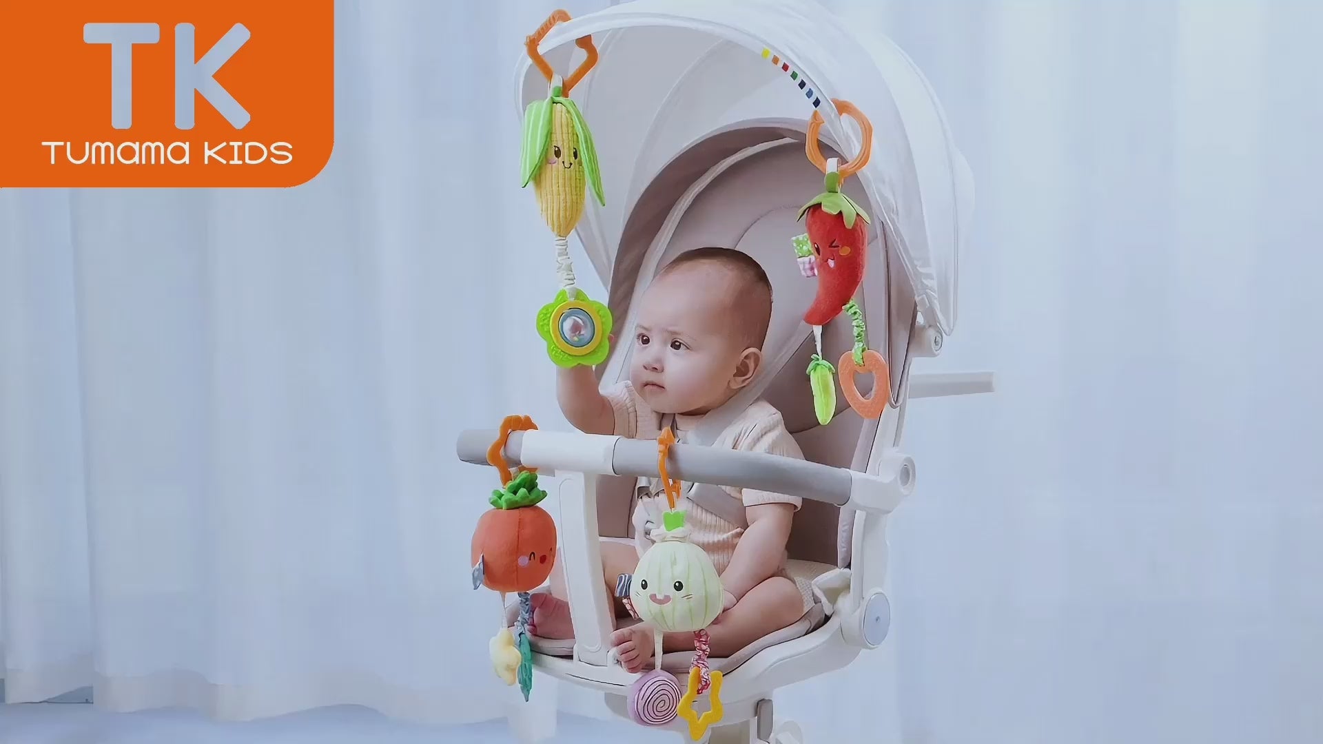 Baby-playing-with-hanging-vegetable-rattles-in-stroller