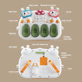 Front and back views of a baby play gym control panel. The front has four large green keys with icons (light, music, thunder, moon), two cartoon bunny faces, and buttons for sleep mode, light mode, music mode, Bluetooth connection, power on/off, and volume. The back shows the battery compartment (4xAA), main unit rotation key, hanging strap slots, soft rubber edges, and remote control storage. Text labels highlight each function.